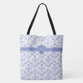 Monogram op Stijlvol Periwinkle Blue Ogee patroon Tote Bag