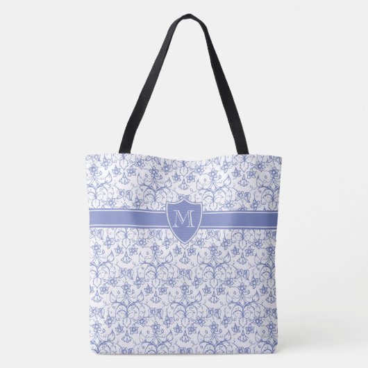 Monogram op Stijlvol Periwinkle Blue Ogee patroon Tote Bag (Achterkant)