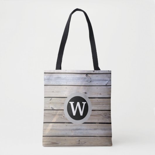 Monogram op strand houten planken tote bag (Voorkant)