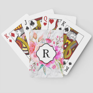 Monogram op vette roze bloemen en grijs marmer pokerkaarten