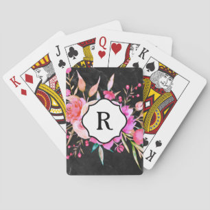 Monogram op vette roze bloemen en zwarte marmer pokerkaarten