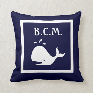 monogram op walvis en anker WHITE op BLUE PILLOW Kussen