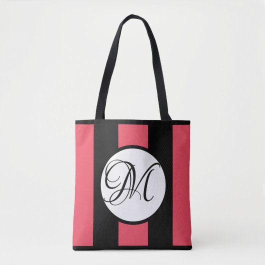 MONOGRAM op WHITE met WATERMELON & BLACK Stripes Tote Bag (Voorkant)