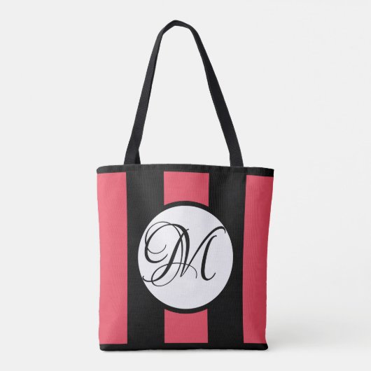 MONOGRAM op WHITE met WATERMELON & BLACK Stripes Tote Bag (Achterkant)