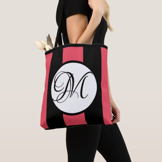 MONOGRAM op WHITE met WATERMELON & BLACK Stripes Tote Bag (Dichtbij)