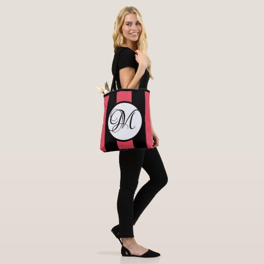 MONOGRAM op WHITE met WATERMELON & BLACK Stripes Tote Bag (Op model)