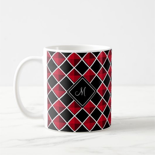 Monogram op zwart rood diamantpatroon koffiemok (Links)