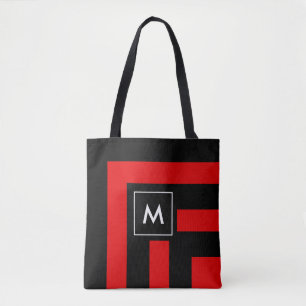 Monogram op zwarte en rode gestreepte boodschappen tote bag