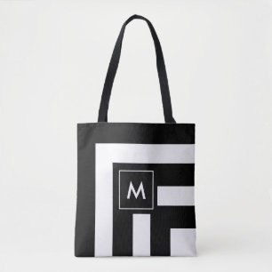 Monogram op zwarte en witte gestreepte boodschappe tote bag