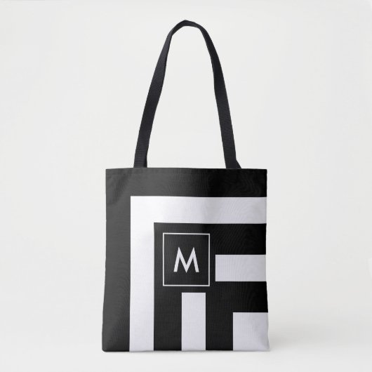 Monogram op zwarte en witte gestreepte boodschappe tote bag (Voorkant)