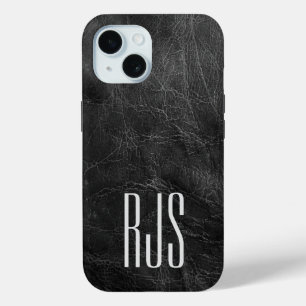 Monogram op zwarte leer iPhone 15 case