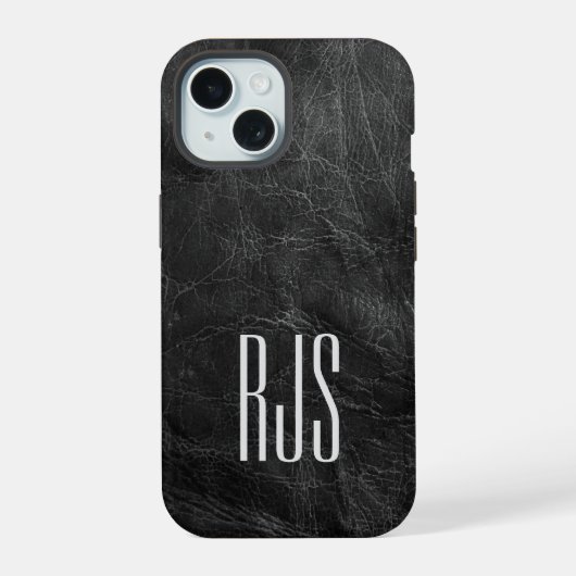 Monogram op zwarte leer iPhone 15 case (Achterkant)