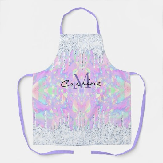 Monogram Opal Dripping Iridescent Ice Glitter Naam Schort (Voorkant)