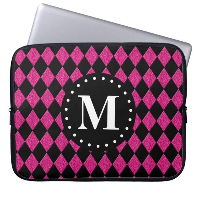Monogram opgerold zwart diamantpatroon laptop sleeve (Voorkant)