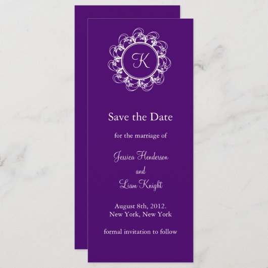 Monogram Opslaan datum (paars) Save The Date (Voorkant / Achterkant)