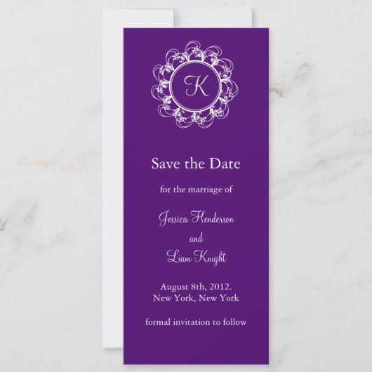 Monogram Opslaan datum (paars) Save The Date (Voorkant)