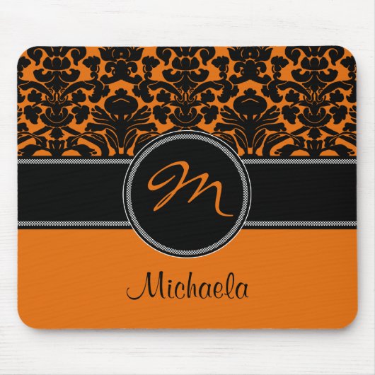 Monogram Oranje Black White Damask Mousepad Muismat (Voorkant)
