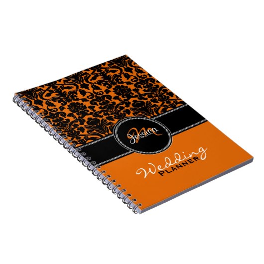 Monogram Oranje Black White Damask Wedding Planner Notitieboek (Rechterzijde)