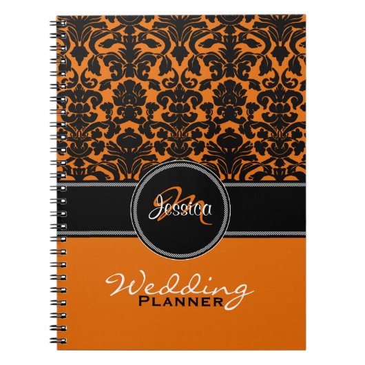 Monogram Oranje Black White Damask Wedding Planner Notitieboek (Voorkant)