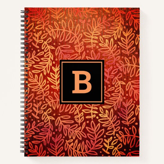 Monogram oranje bladpatroon modern eenvoudig notitieboek (Voorkant)