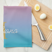 Monogram Oranje Blauwe Ombre Moderne Script Naam Theedoek (Quarter Fold)
