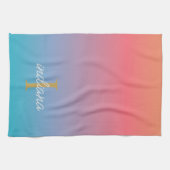 Monogram Oranje Blauwe Ombre Moderne Script Naam Theedoek (Horizontaal)