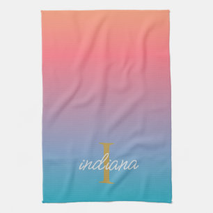 Monogram Oranje Blauwe Ombre Moderne Script Naam Theedoek