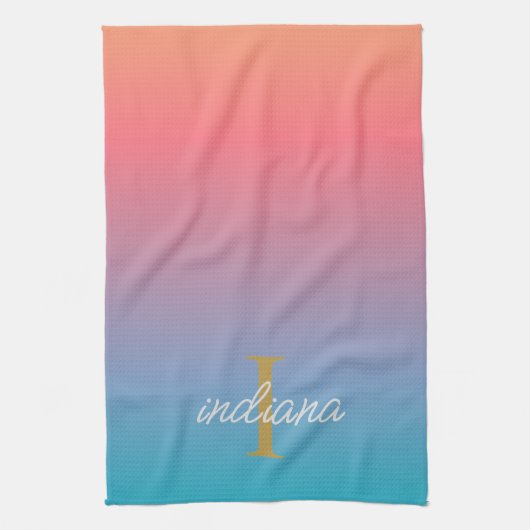 Monogram Oranje Blauwe Ombre Moderne Script Naam Theedoek (Verticaal)