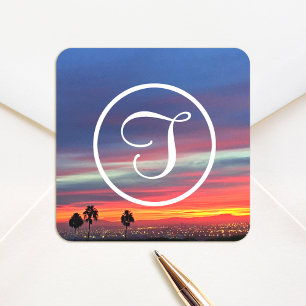 Monogram oranje blauwe wolken zonsondergang foto o vierkante sticker