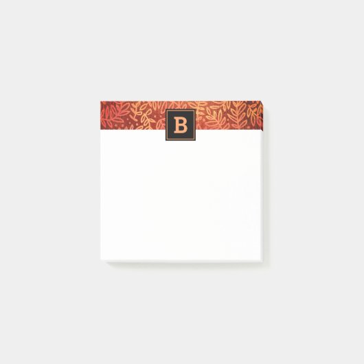 Monogram oranje botanisch bladpatroon vet post-it® notes (Voorkant)