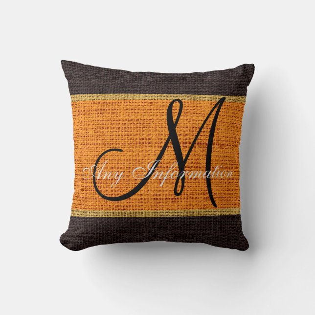 Monogram Oranje & Bruin Rustic Burlap Jute Kussen (Voorkant)
