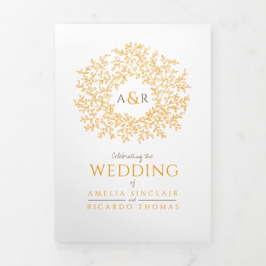 Monogram oranje bruine bladvalbruiloft drieluik uitnodiging (Cover)