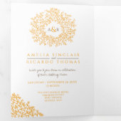 Monogram oranje bruine bladvalbruiloft drieluik uitnodiging (Binnenzijde eerst)