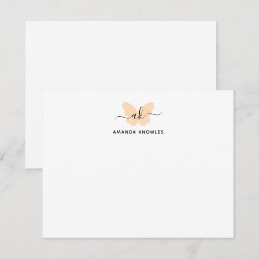 Monogram Oranje Butterfly Minimalist Girly Script Notitiekaartje (Voorkant / Achterkant)