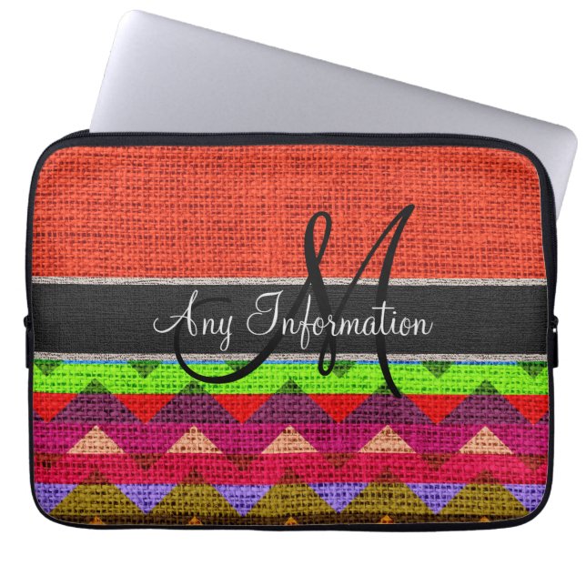 Monogram Oranje Chevron Zigzag Jute Linnen Laptop Sleeve (Voorkant)