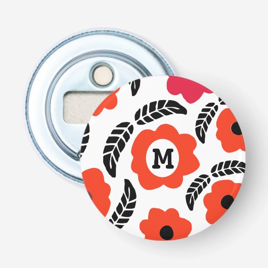 Monogram Oranje en rood Floral Button Flesopener (Voorkant)