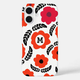 Monogram Oranje en rood Floral iPhone 16 Hoesje