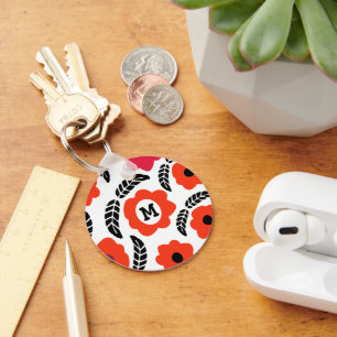 Monogram Oranje en rood Floral Sleutelhanger