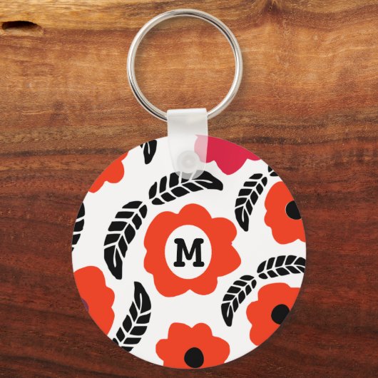 Monogram Oranje en rood Floral Sleutelhanger (Voorkant)