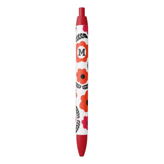 Monogram Oranje en rood Floral Zwarte Inkt Pen (Voorkant Verticaal)