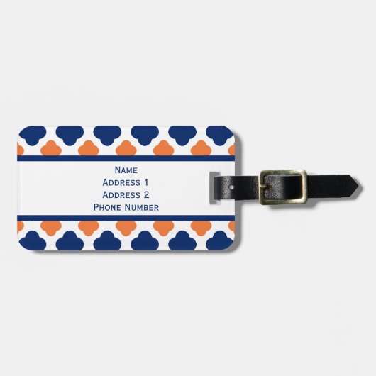 Monogram Oranje en Royal Blue Quatrefoil Bagagelabel (Voorkant horizontaal)