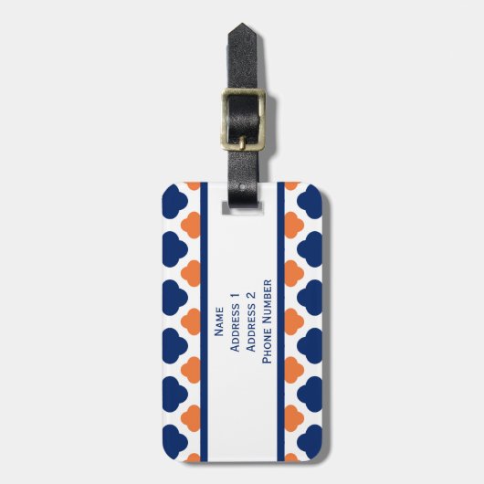 Monogram Oranje en Royal Blue Quatrefoil Bagagelabel (Voorkant verticaal)