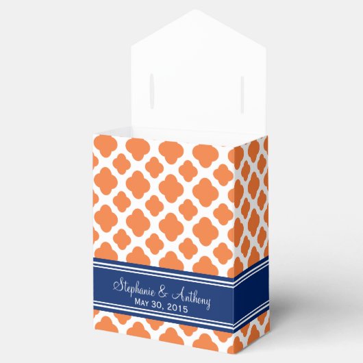 Monogram Oranje en Royal Blue Quatrefoil Wedding Bedankdoosjes (Geopend)