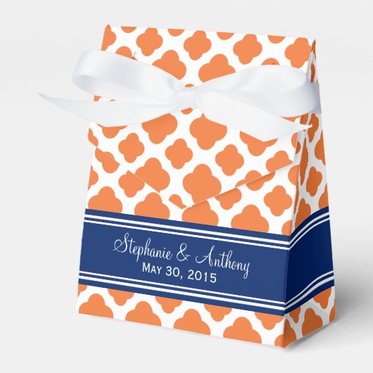 Monogram Oranje en Royal Blue Quatrefoil Wedding Bedankdoosjes (Voorkant Zijde)