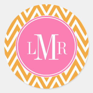 Monogram Oranje en Roze Chevrons Ronde Sticker