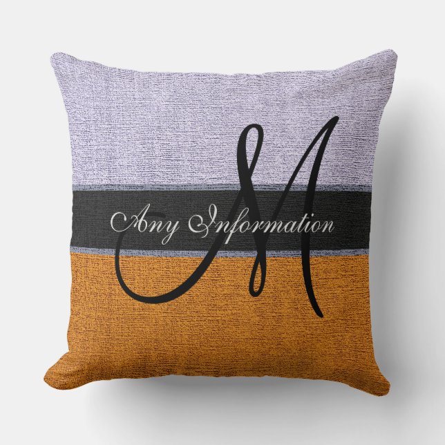 Monogram Oranje en Silver Burlap Rustic Jute Kussen (Voorkant)