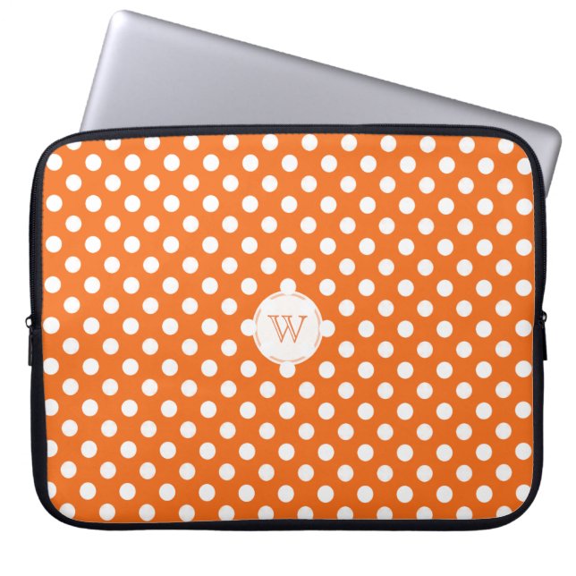 Monogram Oranje en witte poka-Stippen laptophoes Laptop Sleeve (Voorkant)