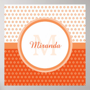 Monogram Oranje en witte pooldots met naam Poster