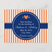 Monogram Oranje en Witte Strepen met Koningsblauw Aankondigingskaart (Voorkant)