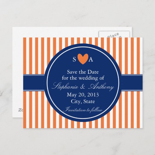 Monogram Oranje en witte strepen met koninklijk bl Aankondigingskaart (Voorkant / Achterkant)